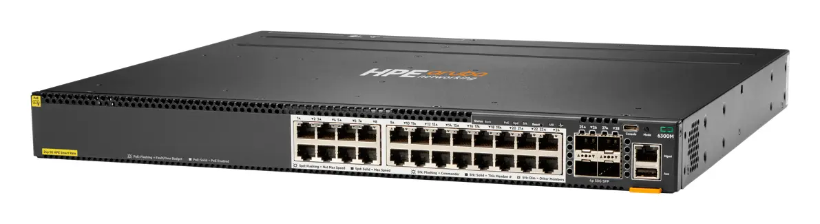 Aruba JL660A CX6300M 24-port Smart Rate 1/2.5/5GbE Class 6 PoE and 4-port SFP56 PoE Switch
