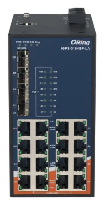 ORing IGPS-3164GP-LA 20 Port Gigabit PoE Ethernet switch ve 16x10/100/1000Base-T(X) P.S.E. ve 4x100/1000Base-(F)X Endüstriyel Yönetilebilir PoE Switch — görsel 2