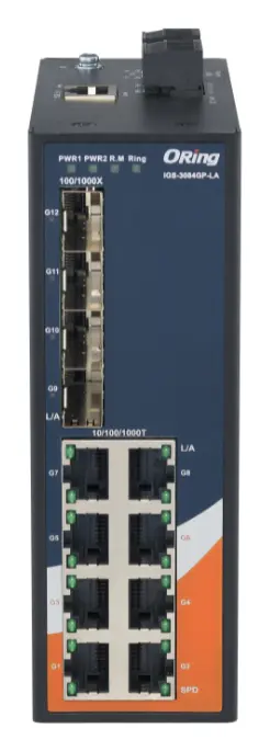 ORing IGS-3084GP-LA 12 Port Gigabit Ethernet switch ve 8x 10/100/1000Base-T(X) ve 4x 100/1000Base-(F)X SFP socket Endüstriyel Yönetilebilir Switch — görsel 2
