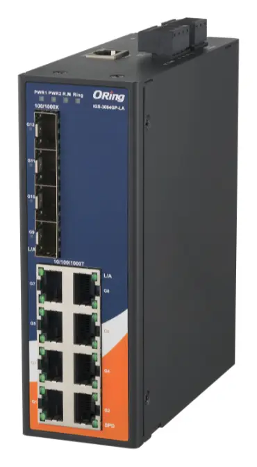 ORing IGS-3084GP-LA 12 Port Gigabit Ethernet switch ve 8x 10/100/1000Base-T(X) ve 4x 100/1000Base-(F)X SFP socket Endüstriyel Yönetilebilir Switch — görsel 3