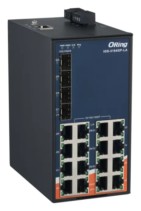 ORing IGS-3164GP-LA 20 Port Gigabit Ethernet switch ve 16x10/100/1000Base-T(X) ve 4x100/1000Base-(F)X, SFP socket Endüstriyel Yönetilebilir Switch