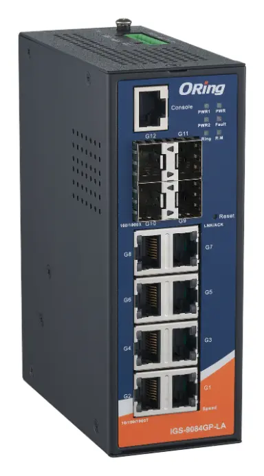 ORing IGS-9084GP-LA 8GE + 4G SFP Cyber-hardened L2 Endüstriyel Yönetilebilir Switch