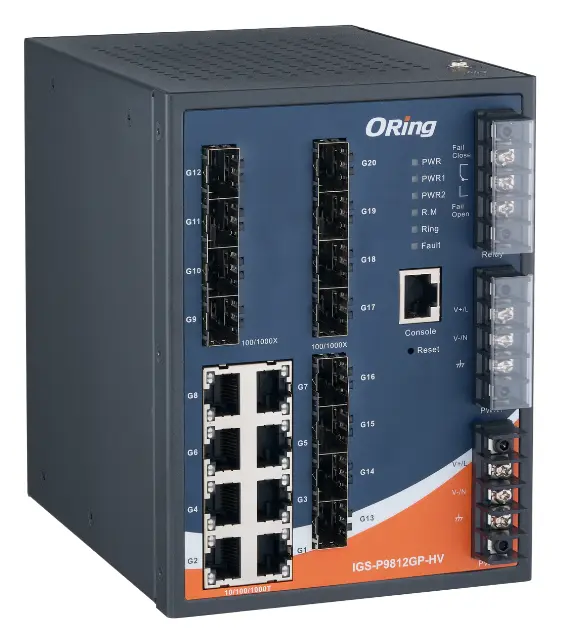 ORing IGS-P9812GP-HV IEC 61850-3 Cyber-hardened Yönetilebilir Ethernet Switch ve 8GE ve 12G SFP, Dual AC/DC IEC 61850-3 Trafo Merkezi Switch