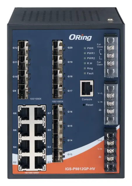ORing IGS-P9812GP-HV IEC 61850-3 Cyber-hardened Yönetilebilir Ethernet Switch ve 8GE ve 12G SFP, Dual AC/DC IEC 61850-3 Trafo Merkezi Switch — görsel 2