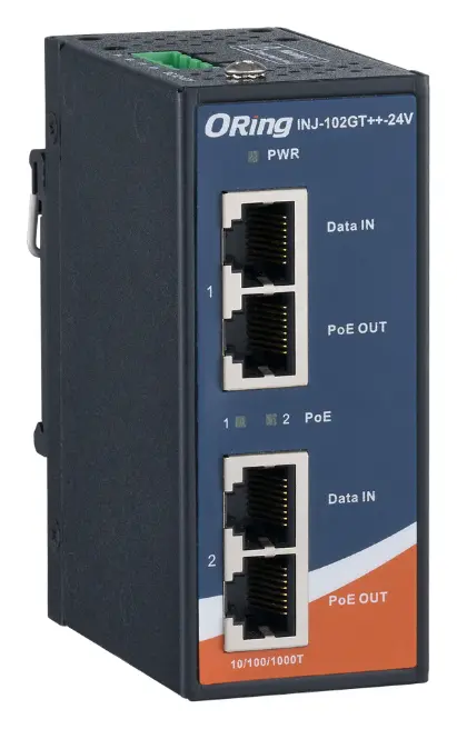 ORing INJ-102GT++-24V 2 Port Gigabit Yüksek Güçlü PoE++ Enjektör, IEEE 802.3af/at, 24VDC Endüstriyel PoE Enjektör