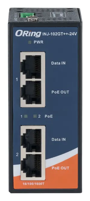ORing INJ-102GT++-24V 2 Port Gigabit Yüksek Güçlü PoE++ Enjektör, IEEE 802.3af/at, 24VDC Endüstriyel PoE Enjektör — görsel 2