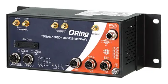 ORing TDGAR-1083D+-D4G12S-M12X-WV EN50155 802.11 ac/n 4G LTE Cellular GPS Router ve 3x10/100/1000Base-T(X), M12 konnektör Endüstriyel 4G LTE Router