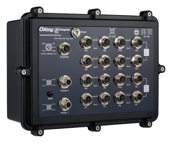 ORing TES-W9124GT-M12X-BP2-24V-IP54 EN50155 Yönetilebilir Ethernet Switch ve 12FE ve 4GE Bypass, M12 konnektör, IP54, 24VDC EN50155 Demiryolu Switch