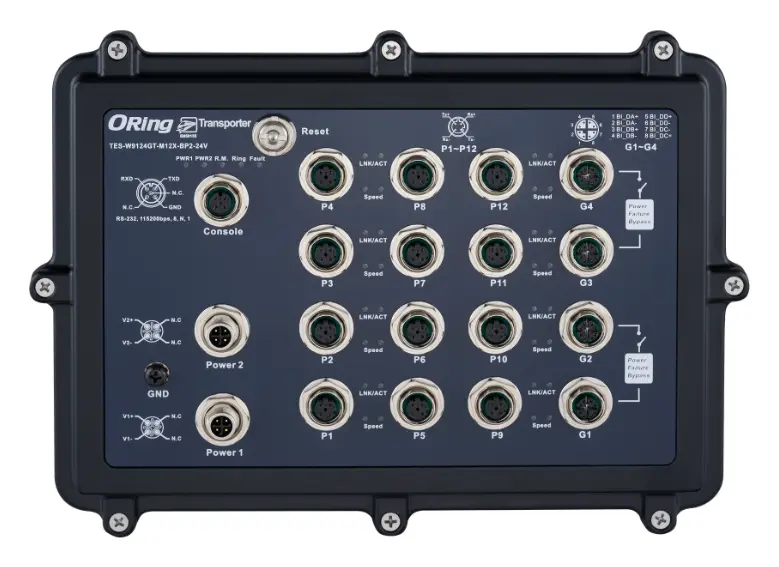 ORing TES-W9124GT-M12X-BP2-24V-IP54 EN50155 Yönetilebilir Ethernet Switch ve 12FE ve 4GE Bypass, M12 konnektör, IP54, 24VDC EN50155 Demiryolu Switch — görsel 2