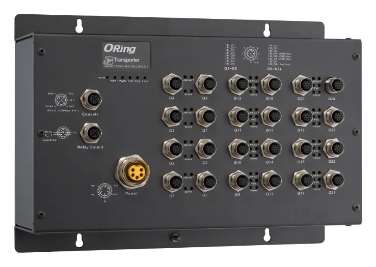 ORing TGPS-9168GT-M12-BP2-24V EN50155 24 Port Yönetilebilir Gigabit PoE Ethernet switch ve 16x10/100/1000Base-T(X) P.S.E. EN50155 Demiryolu PoE Switch