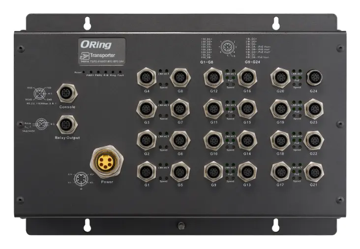 ORing TGPS-9168GT-M12-BP2-24V EN50155 24 Port Yönetilebilir Gigabit PoE Ethernet switch ve 16x10/100/1000Base-T(X) P.S.E. EN50155 Demiryolu PoE Switch — görsel 2