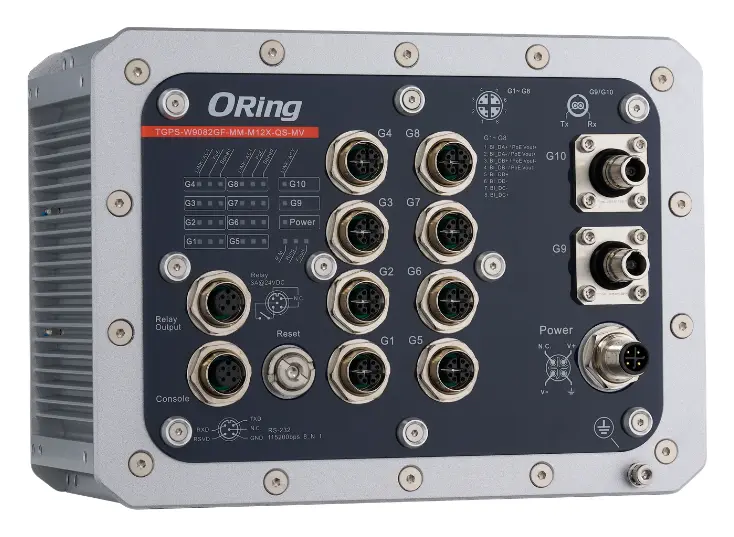 ORing TGPS-W9082GF-MM-M12X-QS-MV-IP54 EN50155 Yönetilebilir PoE Switch ve 8GE PoE ve 2G Q-ODC Multi-mode, IEEE 802.3af/at, IP54 EN50155 Demiryolu PoE Switch
