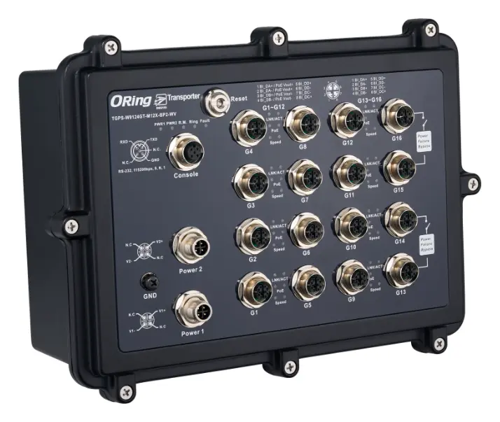 ORing TGPS-W9124GT-M12X-BP2-WV-IP54 EN50155 16 Port Yönetilebilir Gigabit PoE Ethernet switch with12x10/100/1000Base-T(X) P.S.E. EN50155 Demiryolu PoE Switch