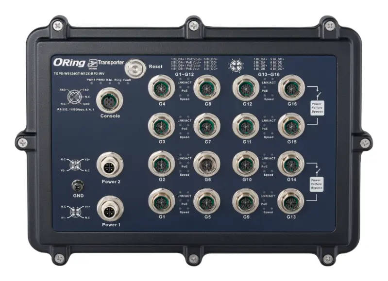 ORing TGPS-W9124GT-M12X-BP2-WV-IP54 EN50155 16 Port Yönetilebilir Gigabit PoE Ethernet switch with12x10/100/1000Base-T(X) P.S.E. EN50155 Demiryolu PoE Switch — görsel 2