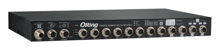 ORing TRGPS-9084GT-M12X-BP2-MV EN50155 Yönetilebilir PoE Switch ve 8GE PoE ve 4GE Bypass, M12 konnektör EN50155 Demiryolu PoE Switch