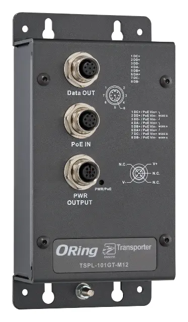 ORing TSPL-101GT-M12-24V EN50155 1 Port Gigabit PoE Splitter, M12 konnektör, IEEE 802.3af/at, 24VDC Endüstriyel PoE Splitter