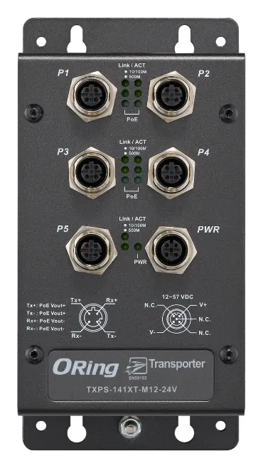 ORing TXPS-141XT-M12-24V EN50155 Yönetilemez PoE Switch ve 4x 10/100/500Base-T(X) PoE ve 1x 10/100/500Base-T(X) EN50155 Demiryolu PoE Switch — görsel 2