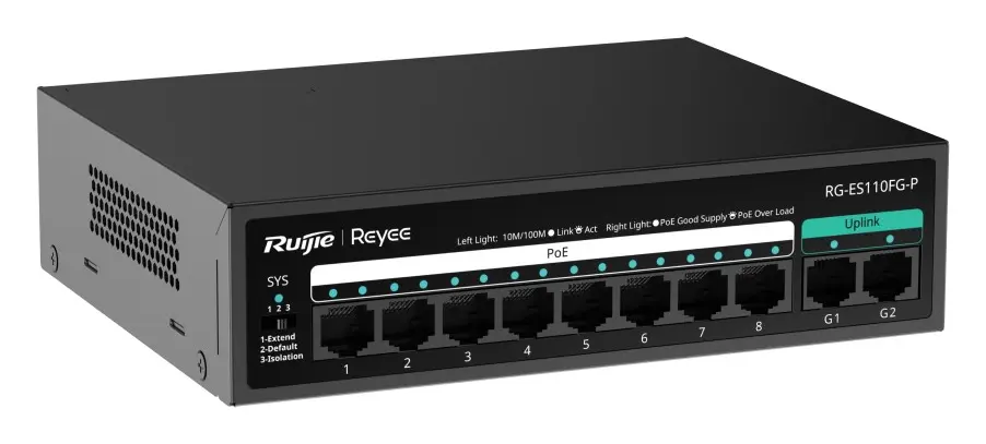Reyee RG-ES110FG-P 8 Port Fast Ethernet PoE 2×Gigabit Yönetilemez Switch — görsel 2